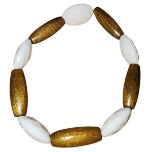 White Oval Faceted & Oblong Wooden Beaded Stretch Bracelet Jewelry Tan Brown